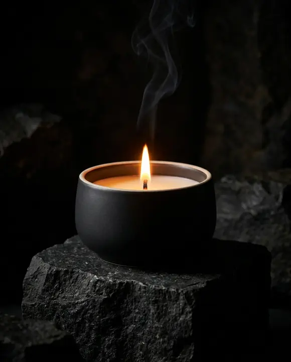 Bougie noire allumée sur une roche de basalte